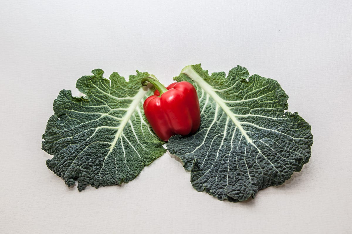 Cabbage leaves and a red pepper.