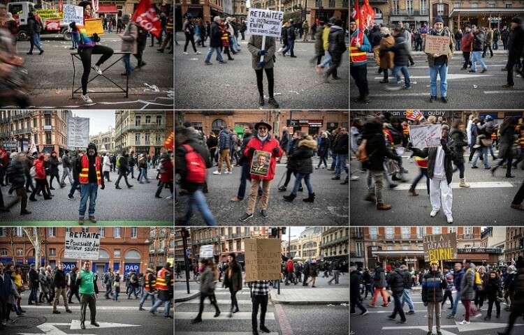 This combination of pictures made on Thursday shows protesters posing with placards during a rally called by French trade unions in Toulouse, southwestern France. — AFP
